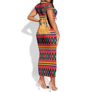 Burkina Faso Short Sleeve Bodycon Dress Kente Flag Red Green Blue Geometric - African Pride
