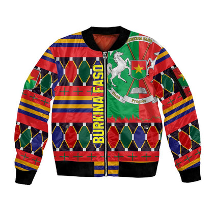 Burkina Faso Sleeve Zip Bomber Jacket Kente Flag Red Green Blue Geometric - African Pride