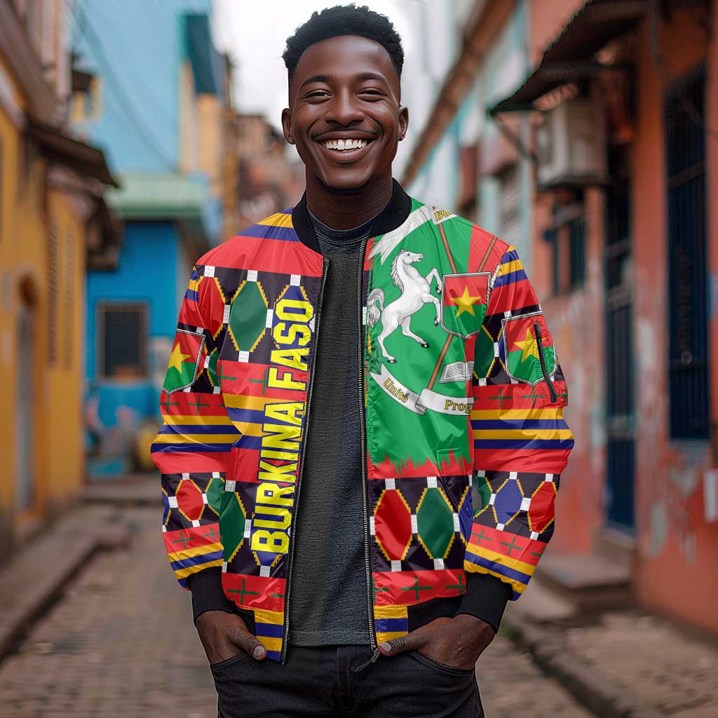 Burkina Faso Sleeve Zip Bomber Jacket Kente Flag Red Green Blue Geometric - African Pride