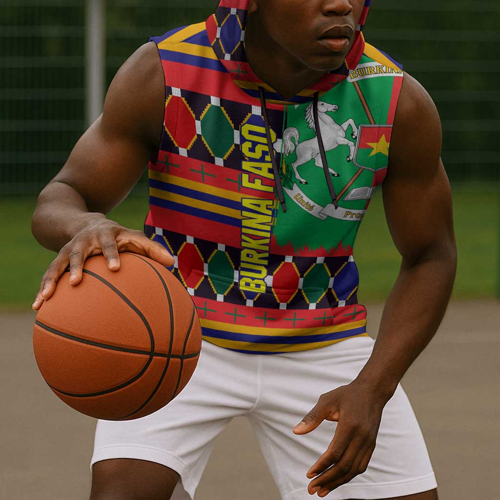 Burkina Faso Sleeveless Hoodie Kente Flag Red Green Blue Geometric - African Pride