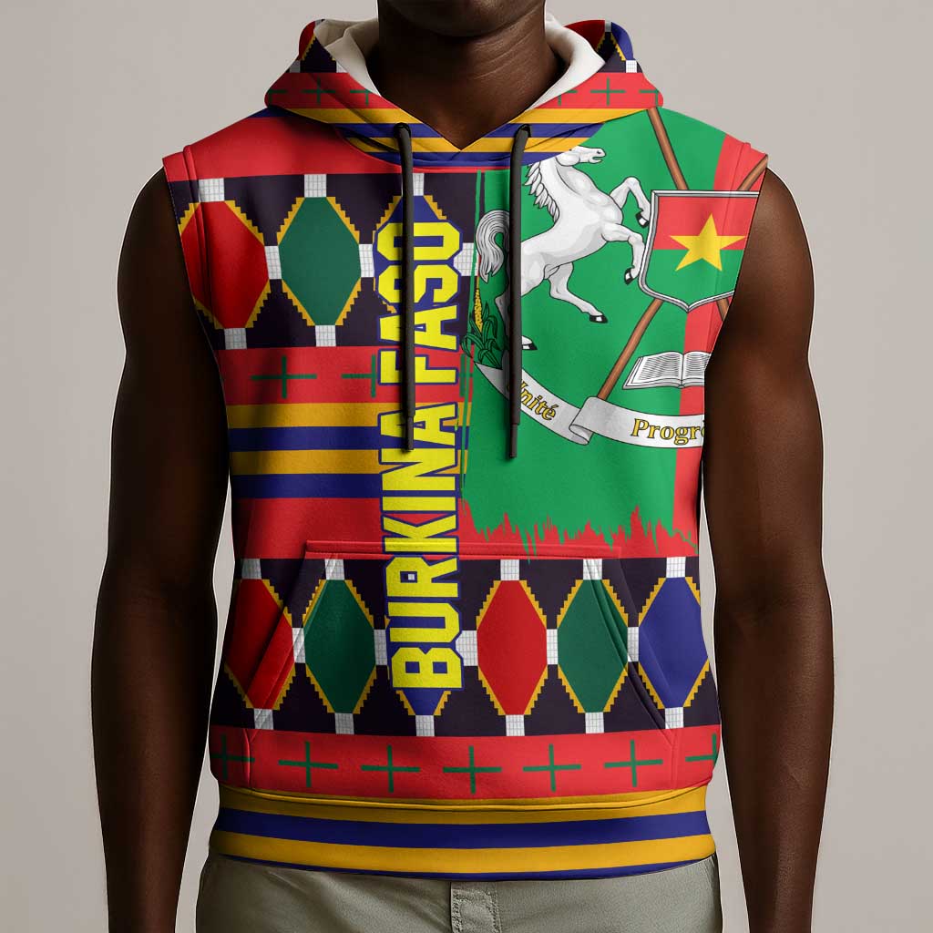 Burkina Faso Sleeveless Hoodie Kente Flag Red Green Blue Geometric - African Pride