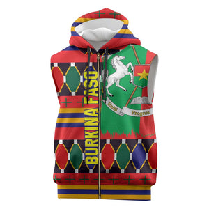 Burkina Faso Sleeveless Zip Hoodie Kente Flag Red Green Blue Geometric - African Pride