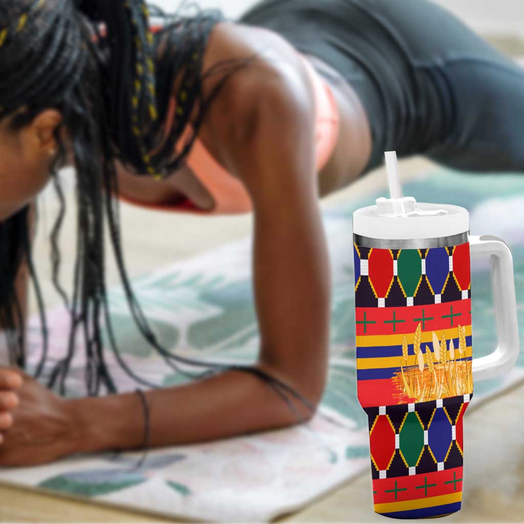 Burkina Faso Tumbler With Handle Kente Flag Red Green Blue Geometric - African Pride