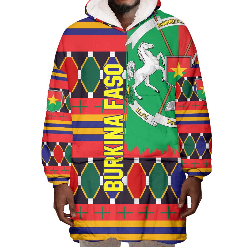 Burkina Faso Wearable Blanket Hoodie Kente Flag Red Green Blue Geometric - African Pride