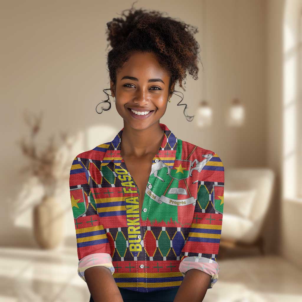 Burkina Faso Women Casual Shirt Kente Flag Red Green Blue Geometric - African Pride