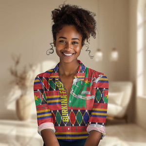 Burkina Faso Women Casual Shirt Kente Flag Red Green Blue Geometric - African Pride