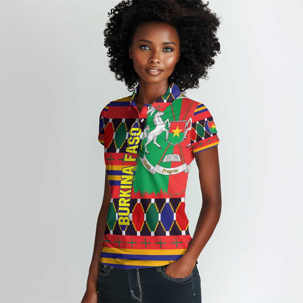 Burkina Faso Women Polo Shirt Kente Flag Red Green Blue Geometric - African Pride