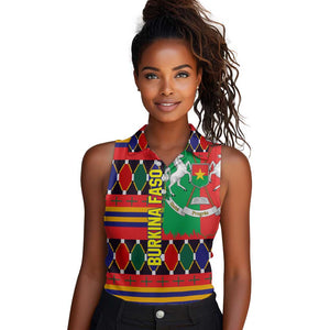 Burkina Faso Women Sleeveless Polo Shirt Kente Flag Red Green Blue Geometric - African Pride