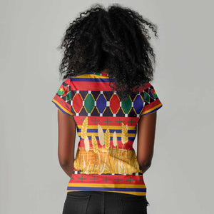 Burkina Faso Women V-Neck T-Shirt Kente Flag Red Green Blue Geometric - African Pride