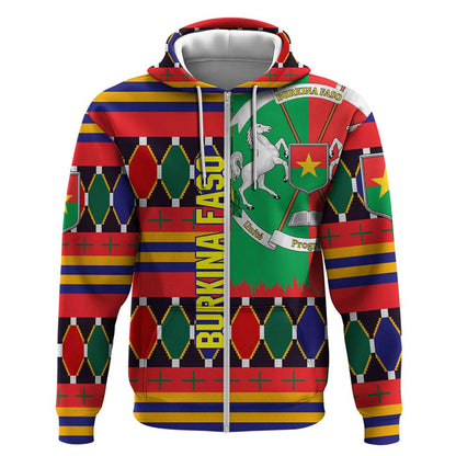 Burkina Faso Zip Hoodie Kente Flag Red Green Blue Geometric - African Pride