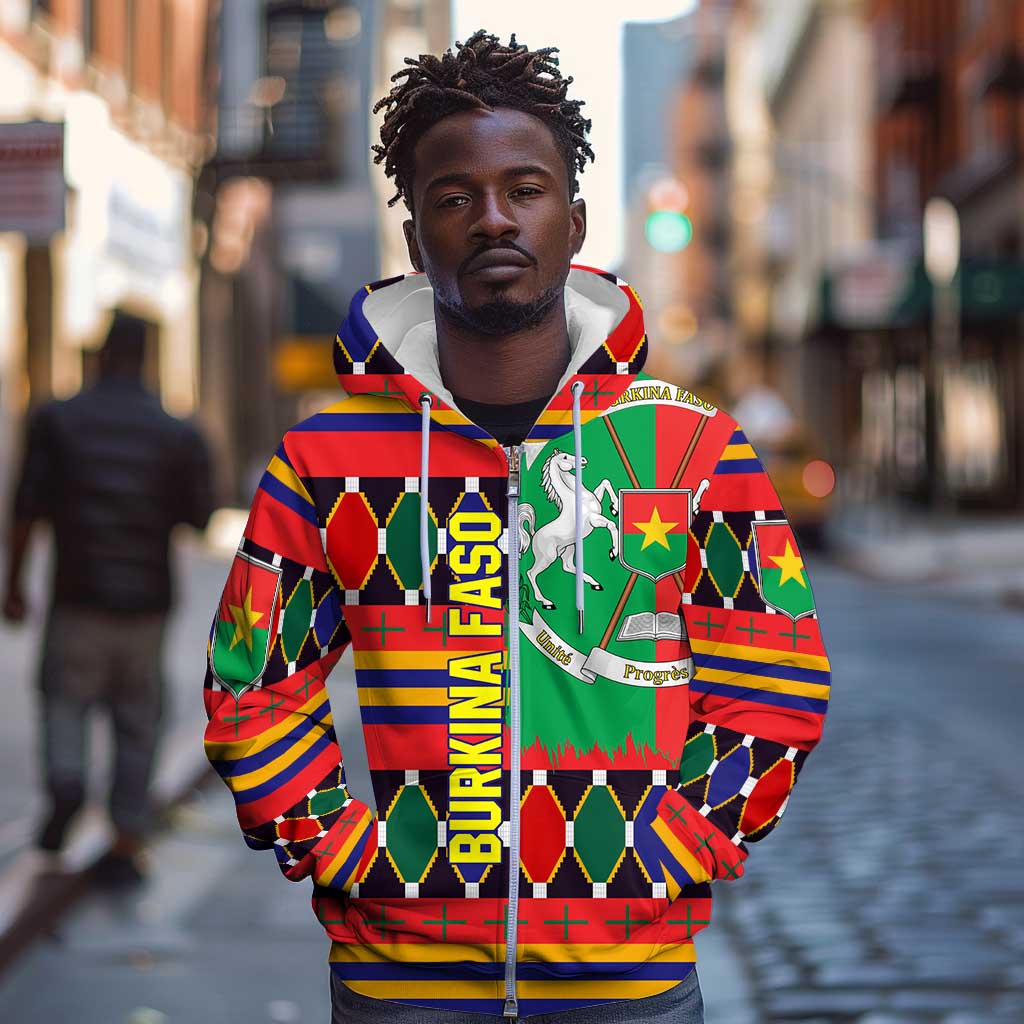 Burkina Faso Zip Hoodie Kente Flag Red Green Blue Geometric - African Pride