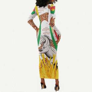 Burkina Faso Rising Horse Long Sleeve Bodycon Dress Golden Harvest and National Pride - African Pride