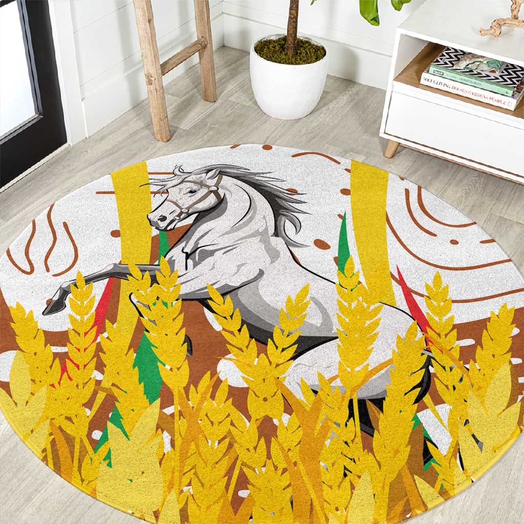 Burkina Faso Rising Horse Round Carpet Golden Harvest and National Pride - African Pride