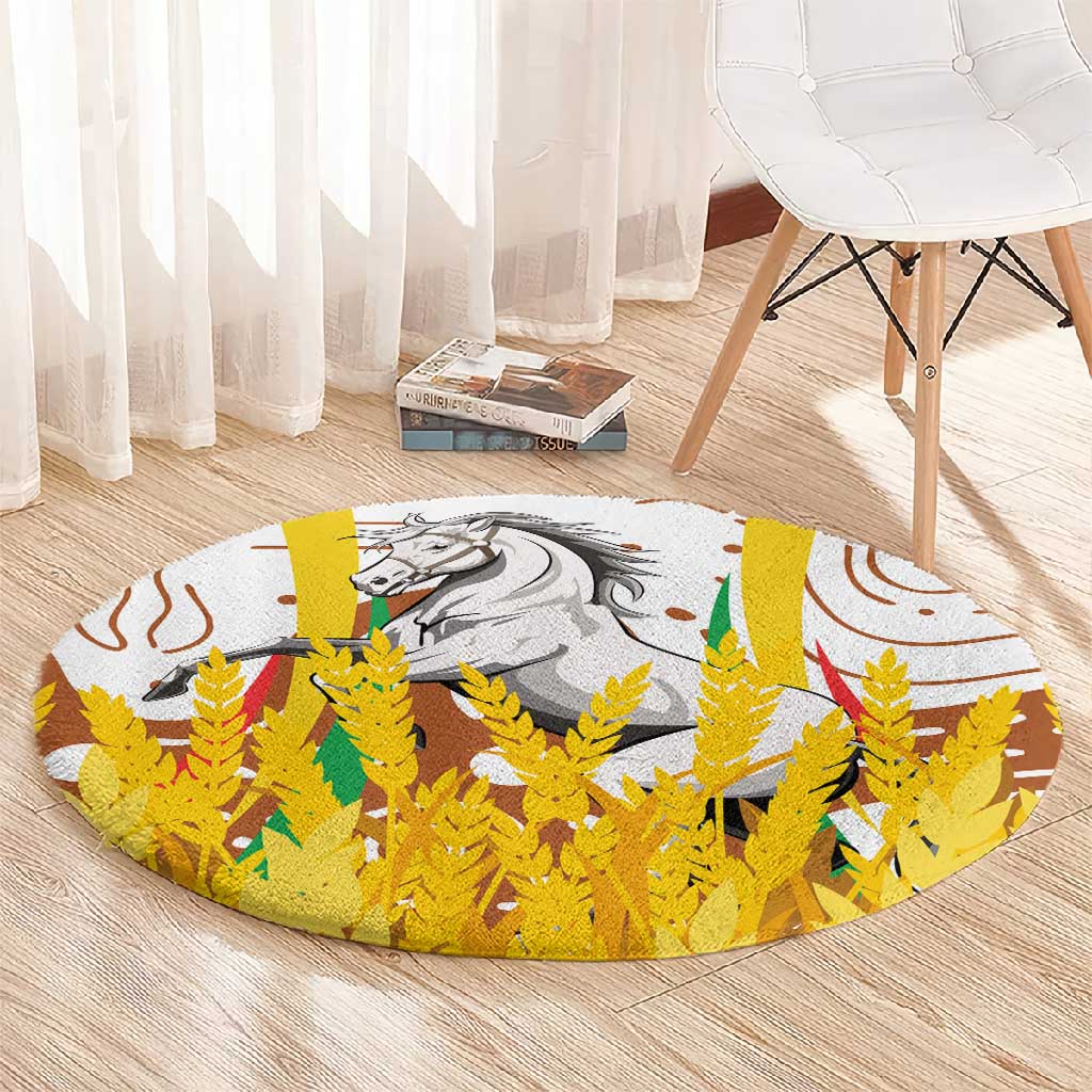 Burkina Faso Rising Horse Round Carpet Golden Harvest and National Pride - African Pride