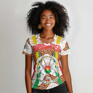 Burkina Faso Rising Horse Women V-Neck T-Shirt Golden Harvest and National Pride - African Pride