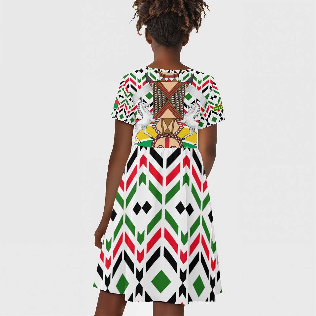 Burkina Faso Kid Short Sleeve Dress Red Green Black Geometric - African Pride