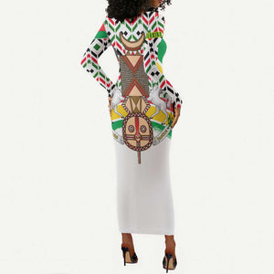 Burkina Faso Long Sleeve Bodycon Dress Red Green Black Geometric - African Pride