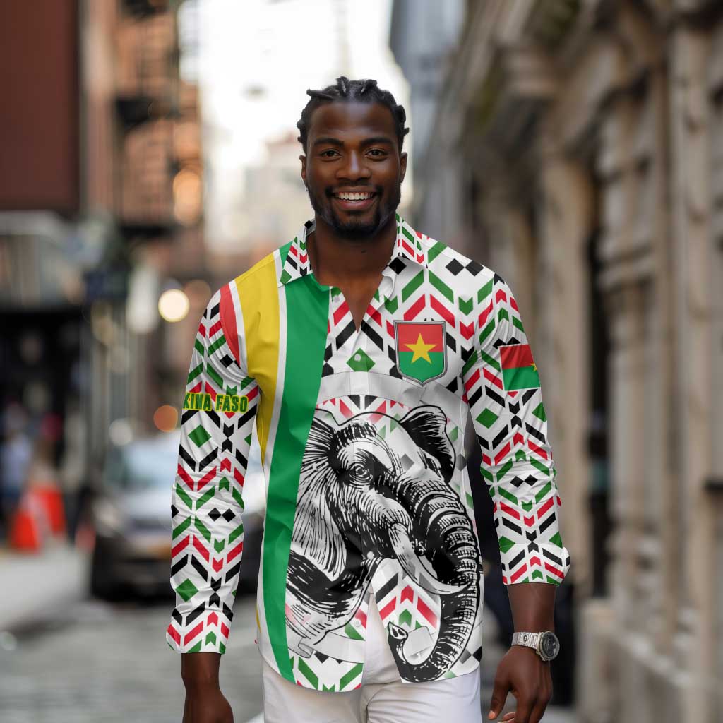Burkina Faso Long Sleeve Button Shirt Red Green Black Geometric - African Pride