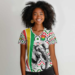 Burkina Faso Women V-Neck T-Shirt Red Green Black Geometric - African Pride