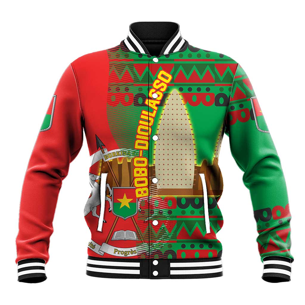 Burkina Faso Baseball Jacket Tribal Design and Bobo Dioulasso Landmark - African Pride