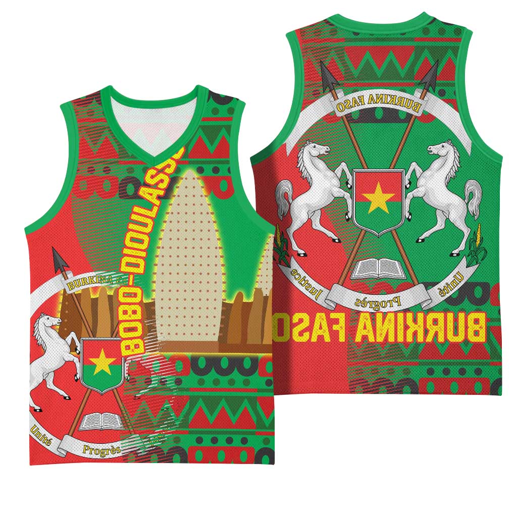 Burkina Faso Basketball Jersey Tribal Design and Bobo Dioulasso Landmark - African Pride