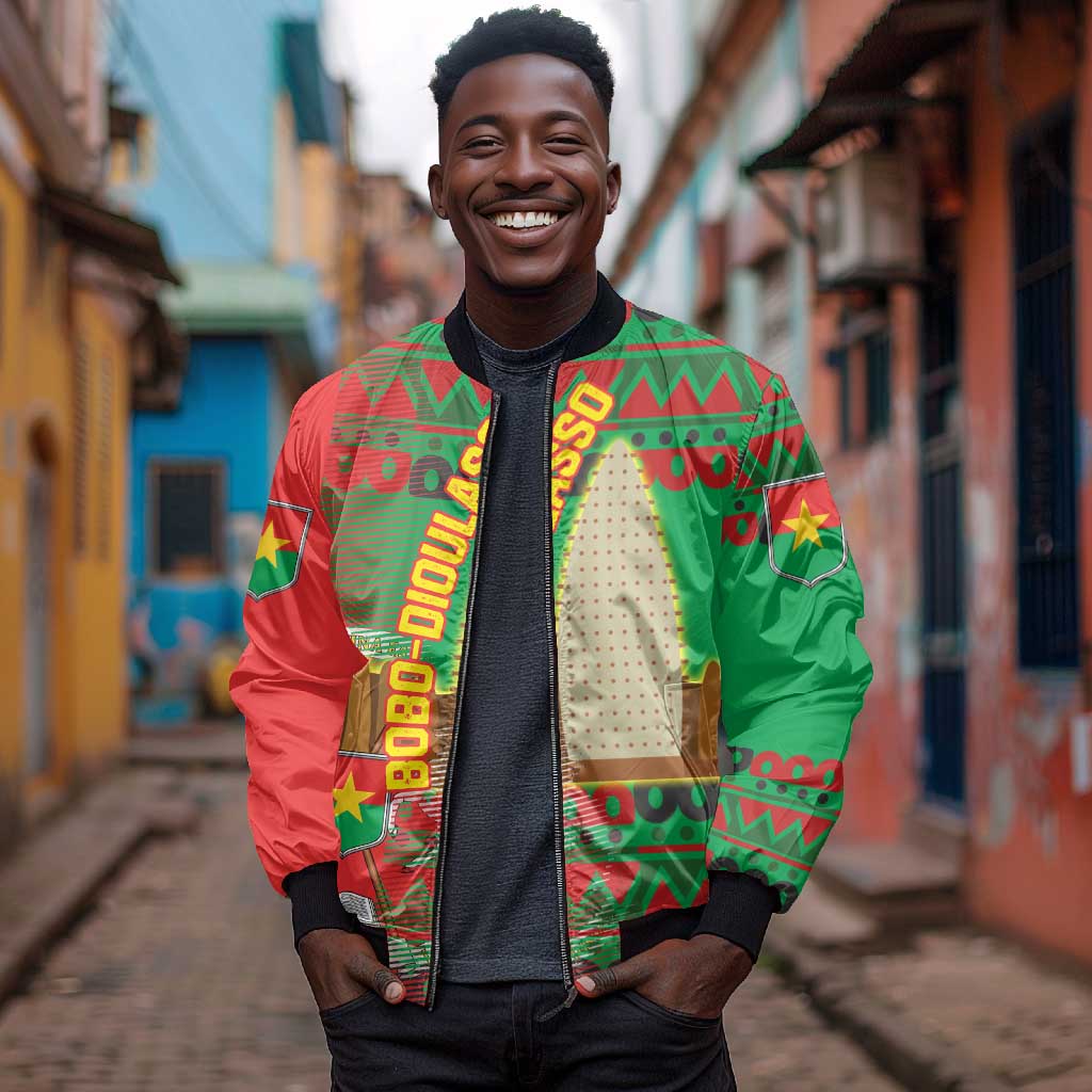 Burkina Faso Bomber Jacket Tribal Design and Bobo Dioulasso Landmark - African Pride