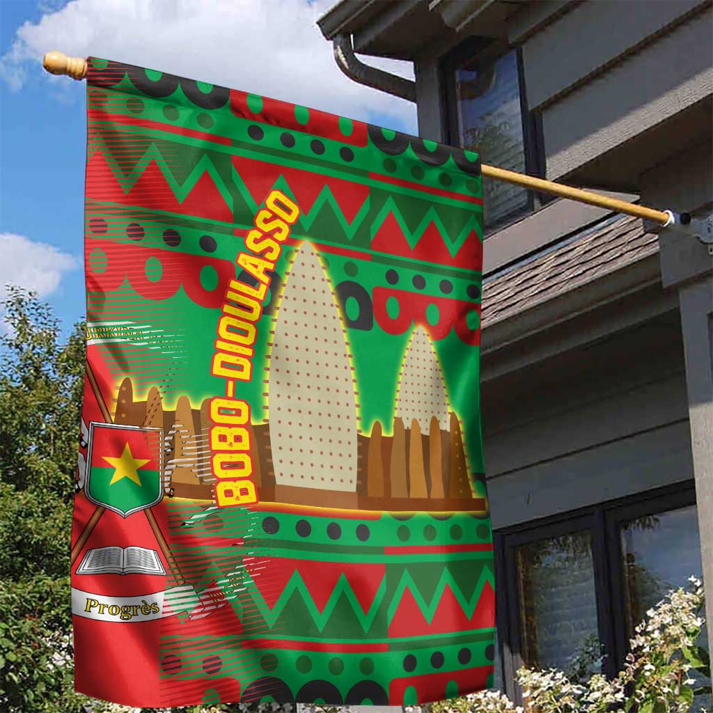 Burkina Faso Garden Flag Tribal Design and Bobo Dioulasso Landmark - African Pride