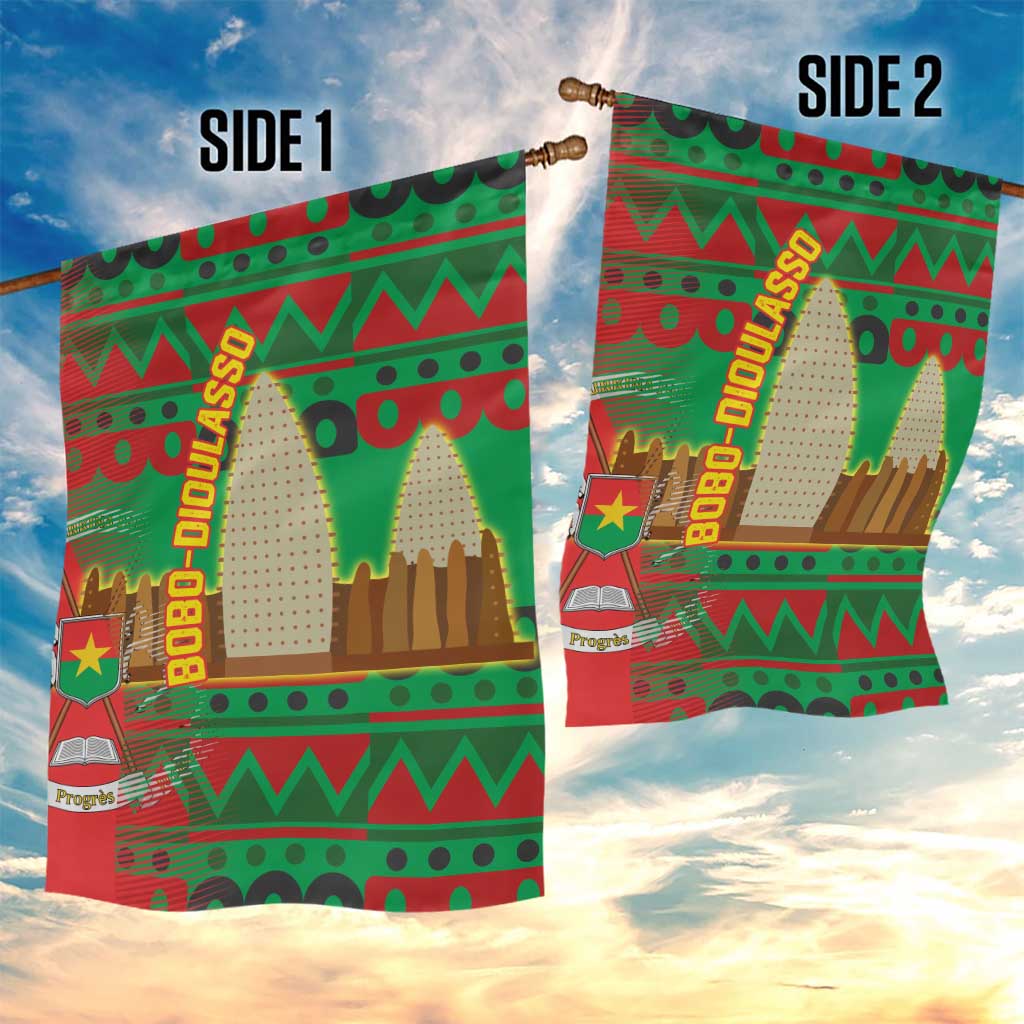 Burkina Faso Garden Flag Tribal Design and Bobo Dioulasso Landmark - African Pride