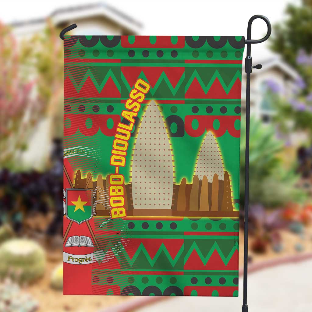 Burkina Faso Garden Flag Tribal Design and Bobo Dioulasso Landmark - African Pride