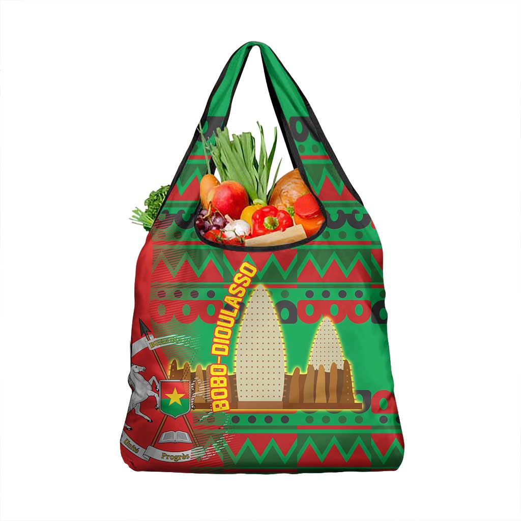Burkina Faso Grocery Bag Tribal Design and Bobo Dioulasso Landmark - African Pride