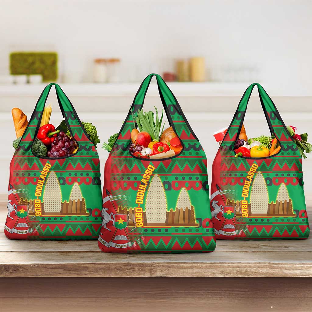 Burkina Faso Grocery Bag Tribal Design and Bobo Dioulasso Landmark - African Pride