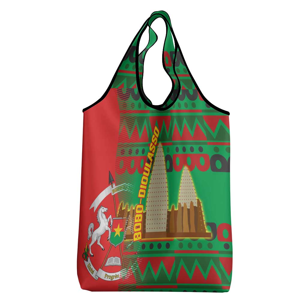 Burkina Faso Grocery Bag Tribal Design and Bobo Dioulasso Landmark - African Pride