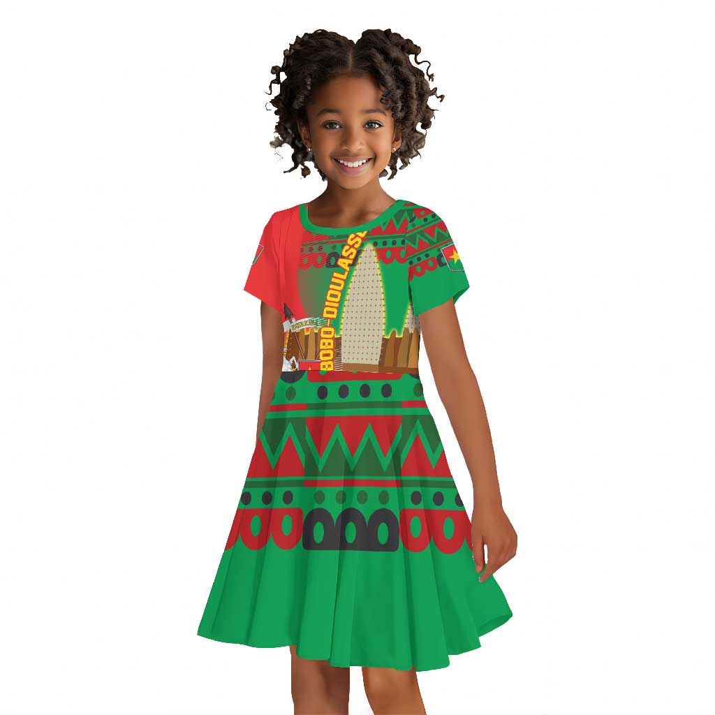 Burkina Faso Kid Short Sleeve Dress Tribal Design and Bobo Dioulasso Landmark - African Pride