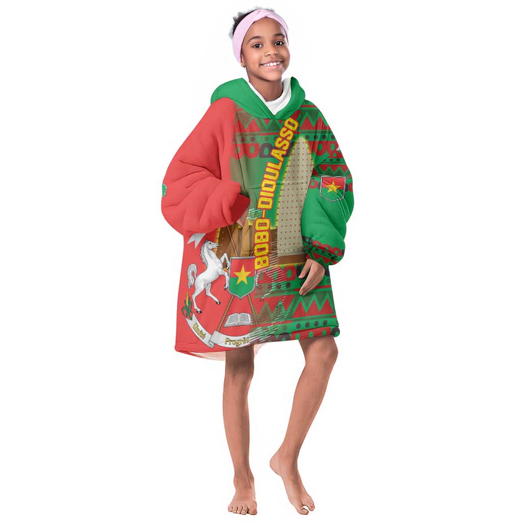 Burkina Faso Kid Wearable Blanket Hoodie Tribal Design and Bobo Dioulasso Landmark - African Pride