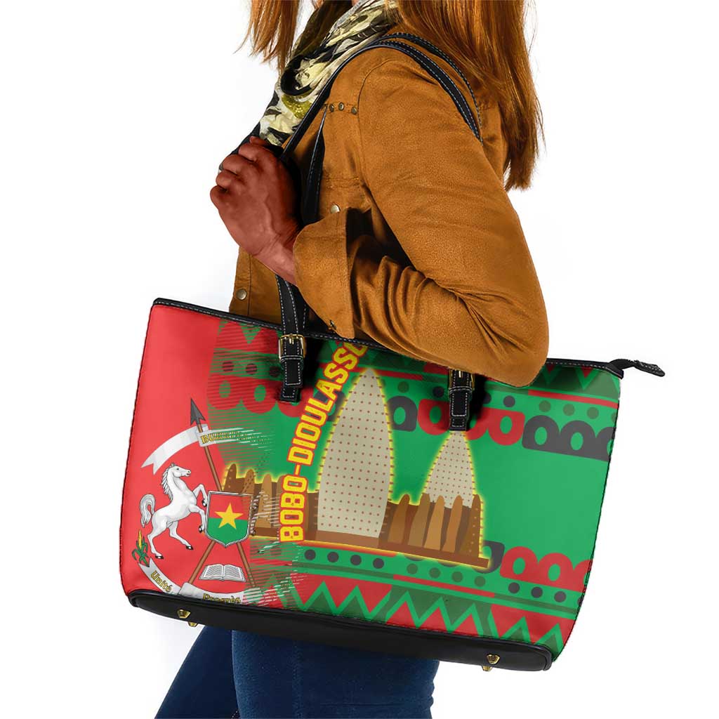 Burkina Faso Leather Tote Bag Tribal Design and Bobo Dioulasso Landmark - African Pride