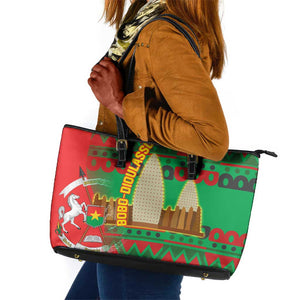 Burkina Faso Leather Tote Bag Tribal Design and Bobo Dioulasso Landmark - African Pride