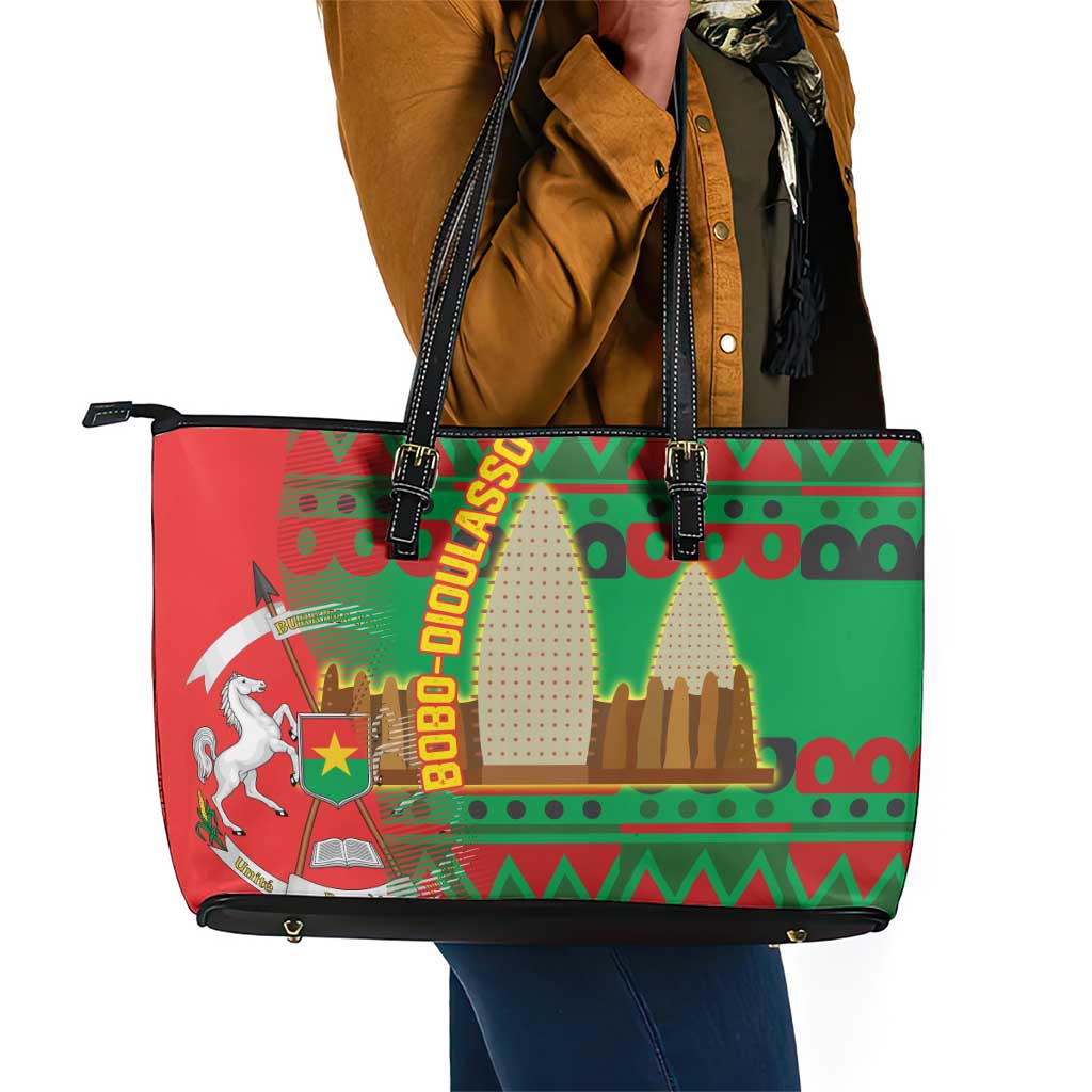 Burkina Faso Leather Tote Bag Tribal Design and Bobo Dioulasso Landmark - African Pride