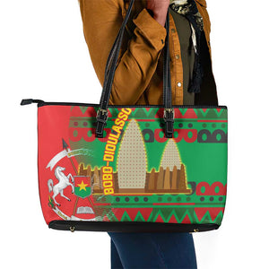 Burkina Faso Leather Tote Bag Tribal Design and Bobo Dioulasso Landmark - African Pride