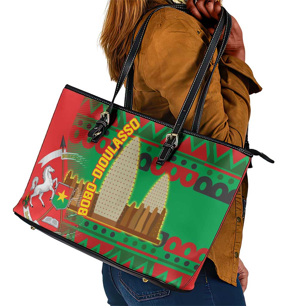 Burkina Faso Leather Tote Bag Tribal Design and Bobo Dioulasso Landmark - African Pride
