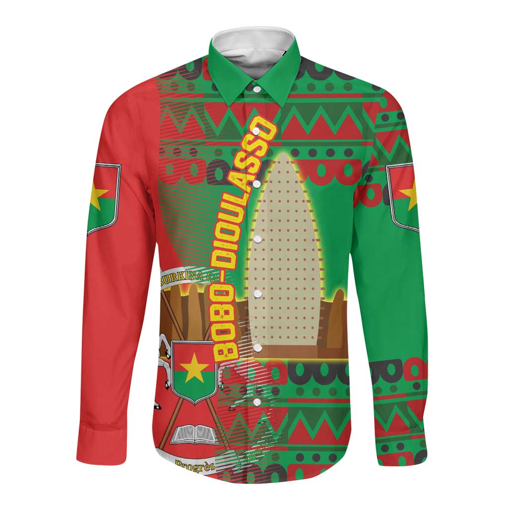 Burkina Faso Long Sleeve Button Shirt Tribal Design and Bobo Dioulasso Landmark - African Pride