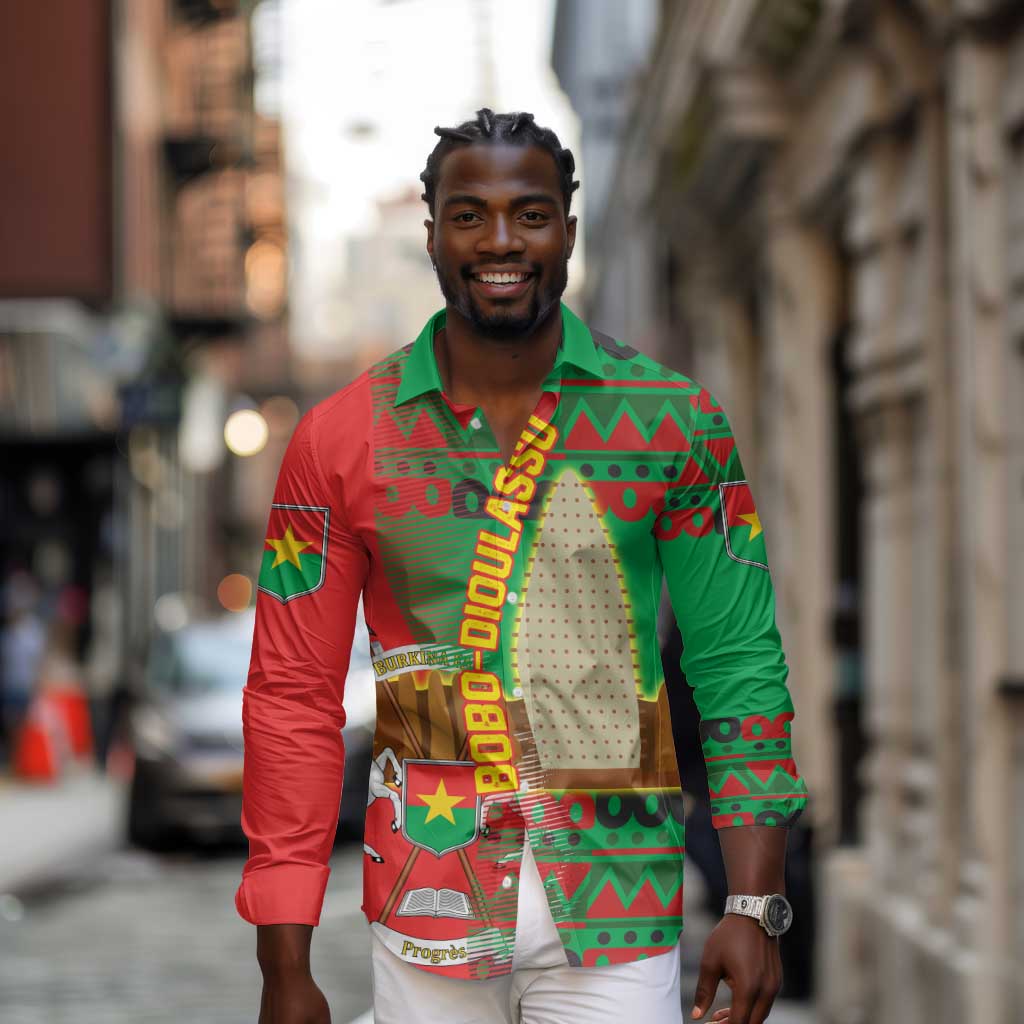 Burkina Faso Long Sleeve Button Shirt Tribal Design and Bobo Dioulasso Landmark - African Pride