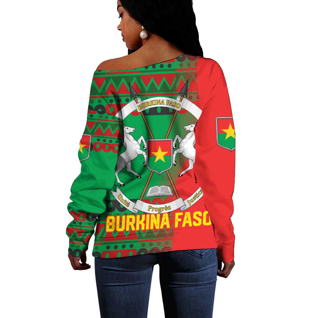 Burkina Faso Off Shoulder Sweater Tribal Design and Bobo Dioulasso Landmark - African Pride