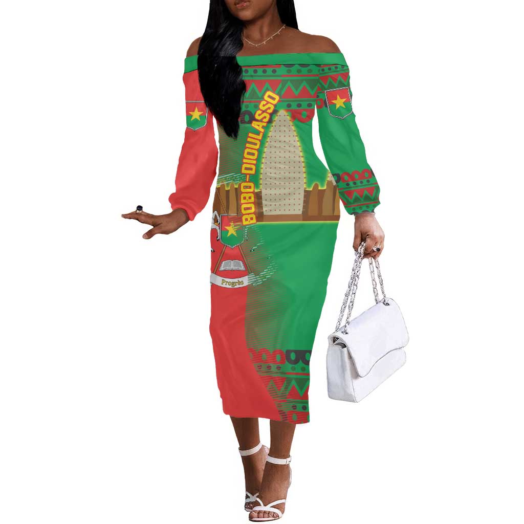 Burkina Faso Off The Shoulder Long Sleeve Dress Tribal Design and Bobo Dioulasso Landmark - African Pride