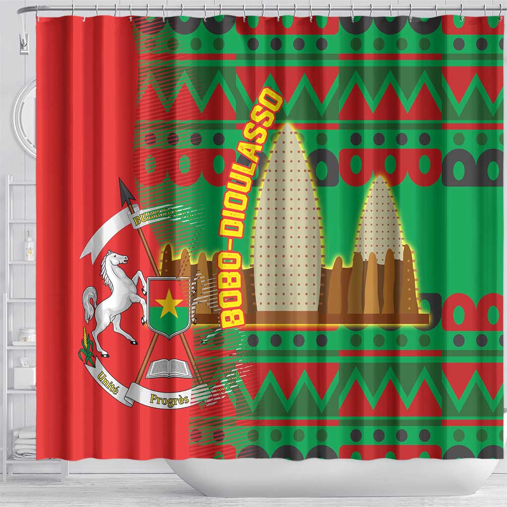 Burkina Faso Shower Curtain Tribal Design and Bobo Dioulasso Landmark - African Pride