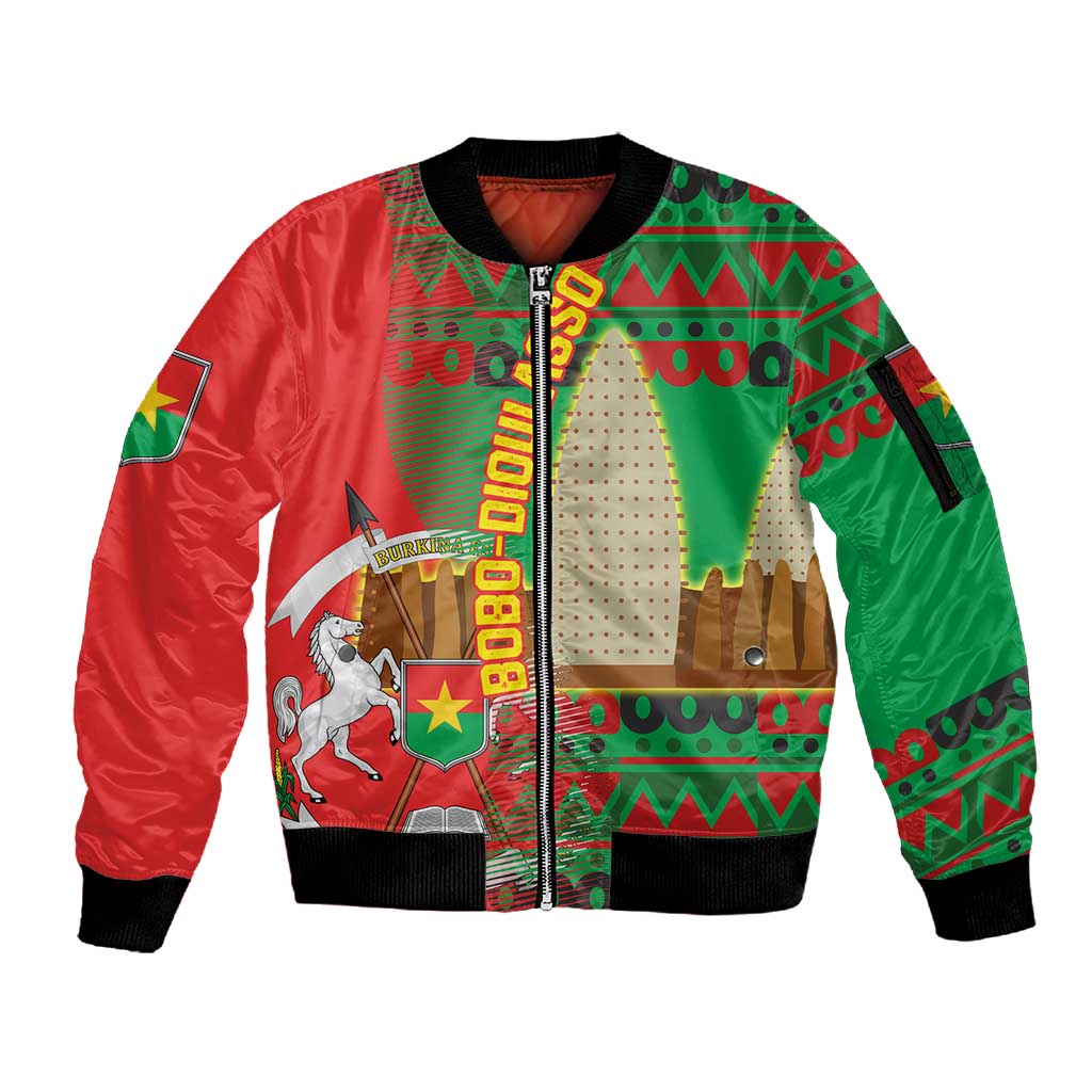 Burkina Faso Sleeve Zip Bomber Jacket Tribal Design and Bobo Dioulasso Landmark - African Pride
