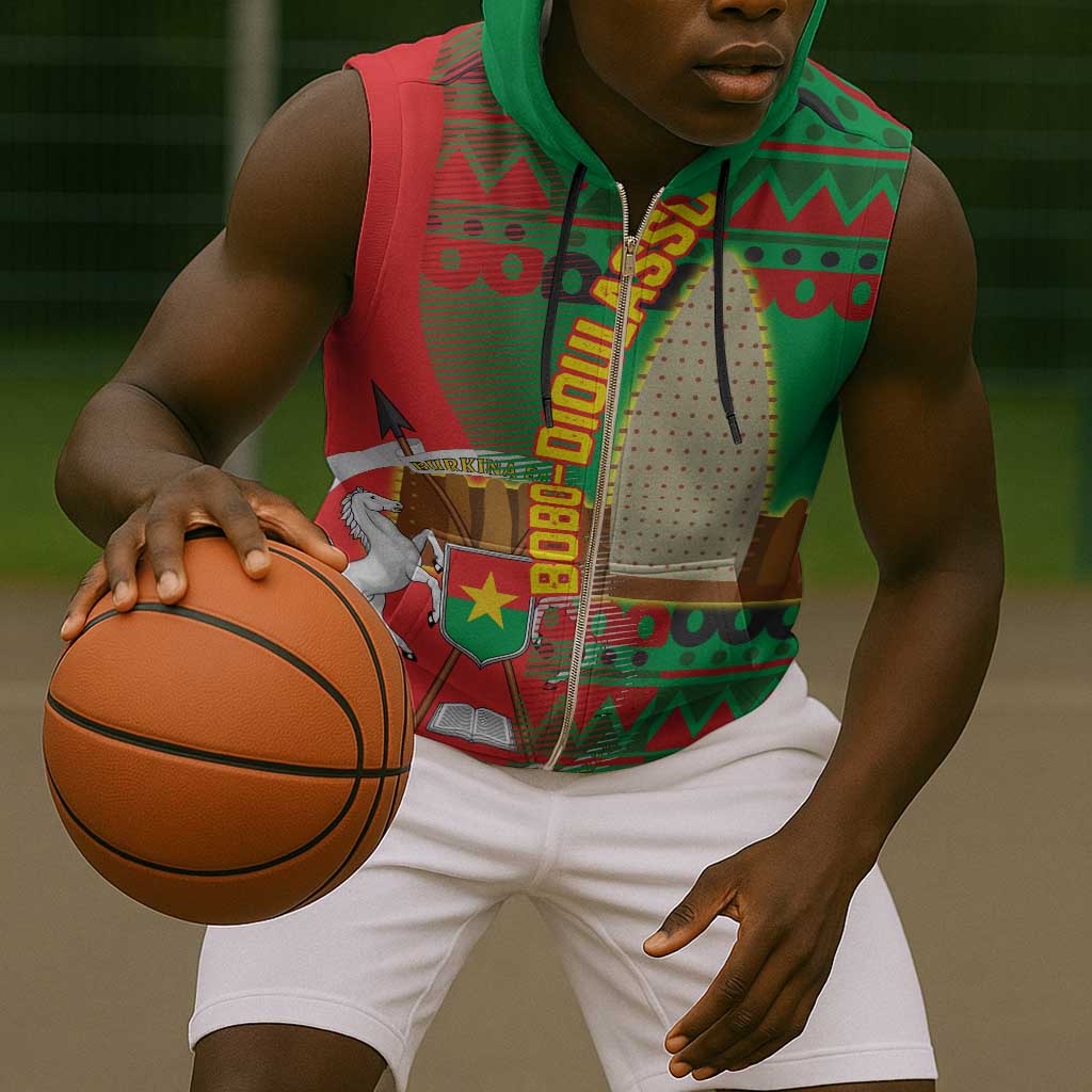 Burkina Faso Sleeveless Zip Hoodie Tribal Design and Bobo Dioulasso Landmark - African Pride
