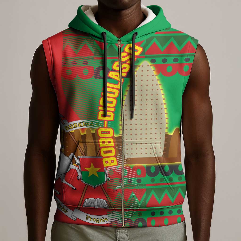 Burkina Faso Sleeveless Zip Hoodie Tribal Design and Bobo Dioulasso Landmark - African Pride