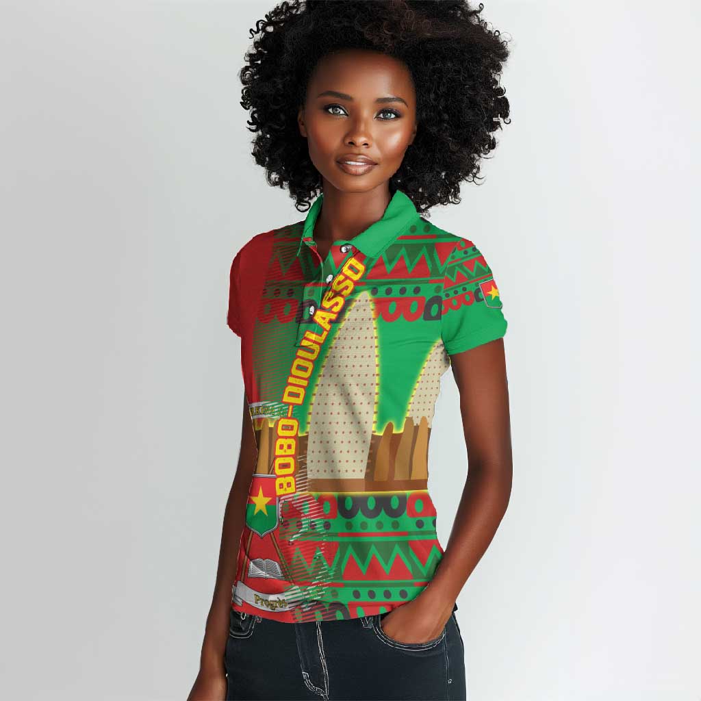 Burkina Faso Women Polo Shirt Tribal Design and Bobo Dioulasso Landmark - African Pride