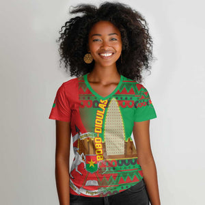 Burkina Faso Women V-Neck T-Shirt Tribal Design and Bobo Dioulasso Landmark - African Pride