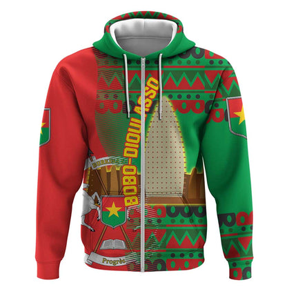 Burkina Faso Zip Hoodie Tribal Design and Bobo Dioulasso Landmark - African Pride